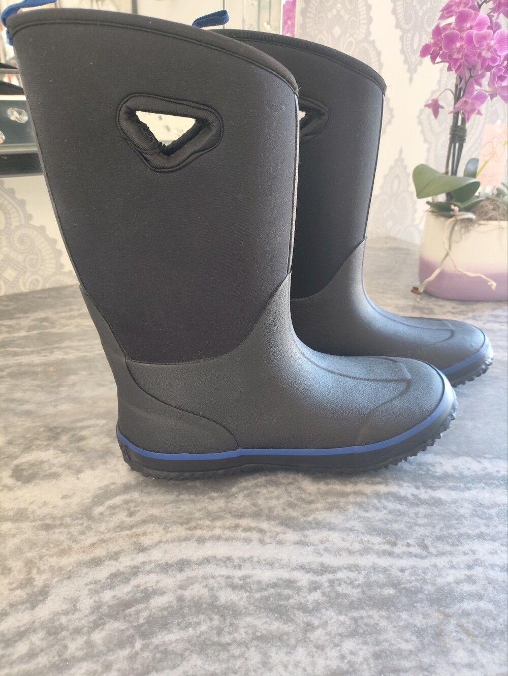 Kids Waterproof Black Rain & Snow Boots with Blue Accent